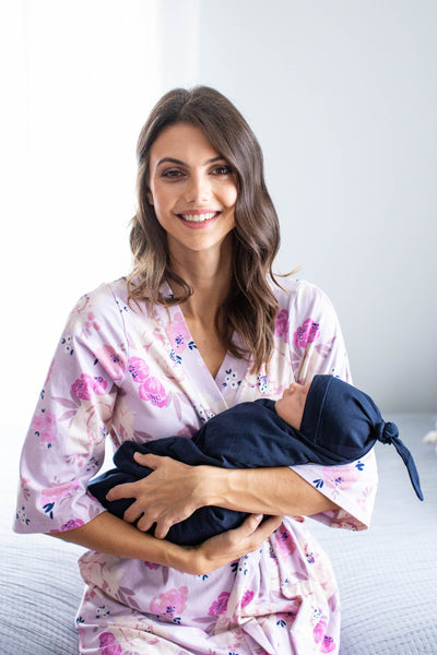 Anais Pregnancy/Postpartum Robe & Navy Blue Swaddle Blanket Set