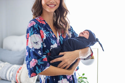Annabelle Pregnancy/Postpartum Robe & Navy Blue Swaddle Blanket Set