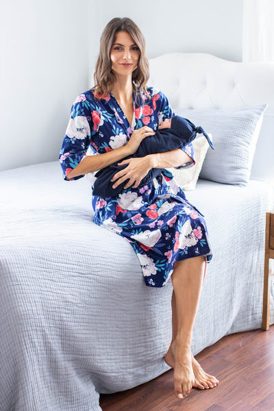 Annabelle Pregnancy/Postpartum Robe & Navy Blue Swaddle Blanket Set