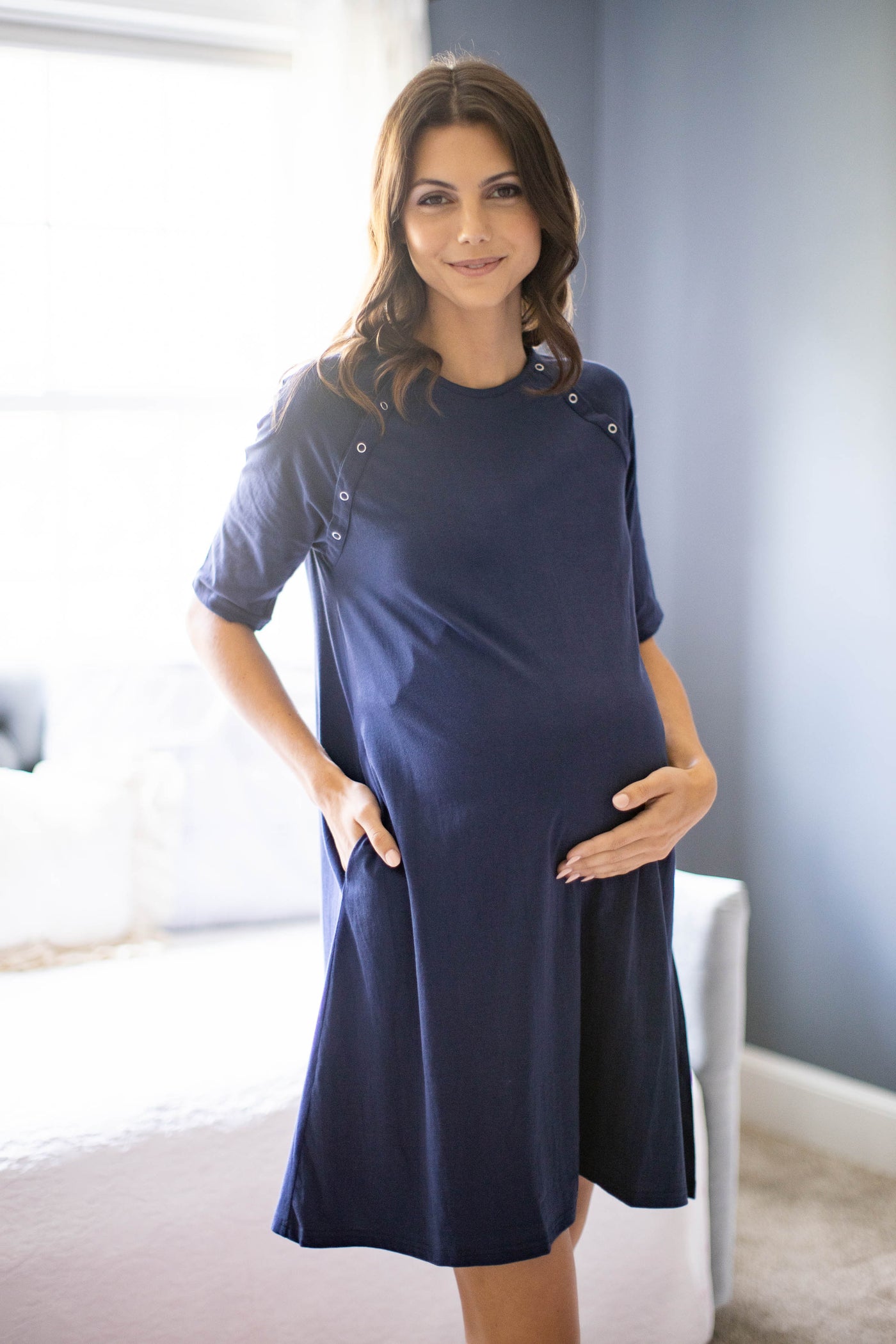 Navy Blue Jersey Knit Maternity Gownie