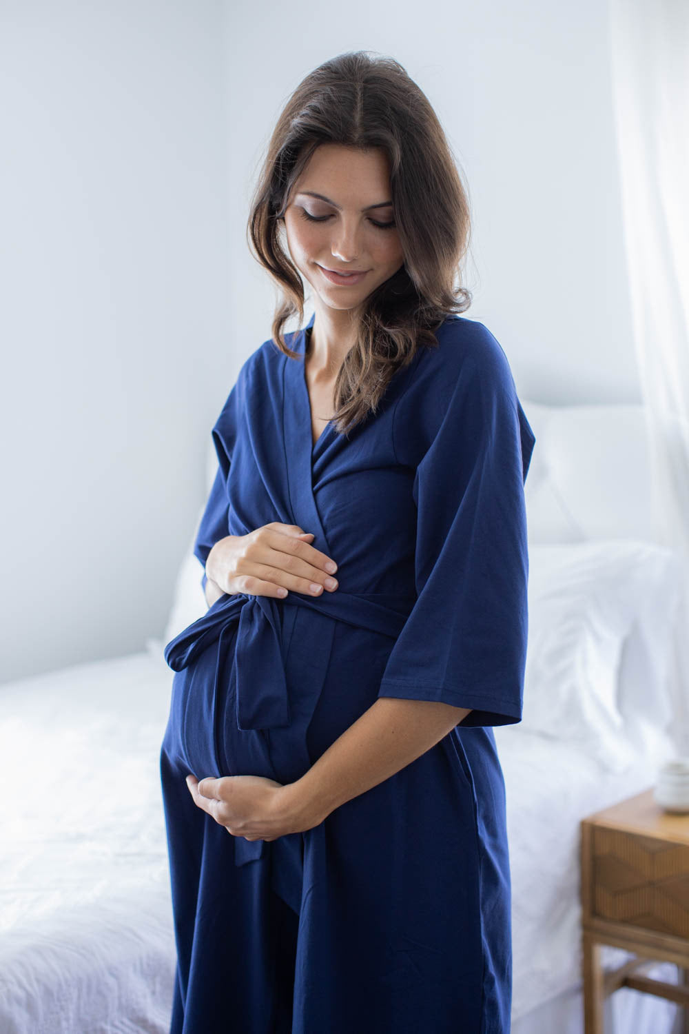 Navy Blue Solid Pregnancy/Postpartum Robe