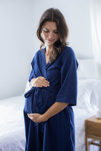 Navy Blue Solid Pregnancy/Postpartum Robe