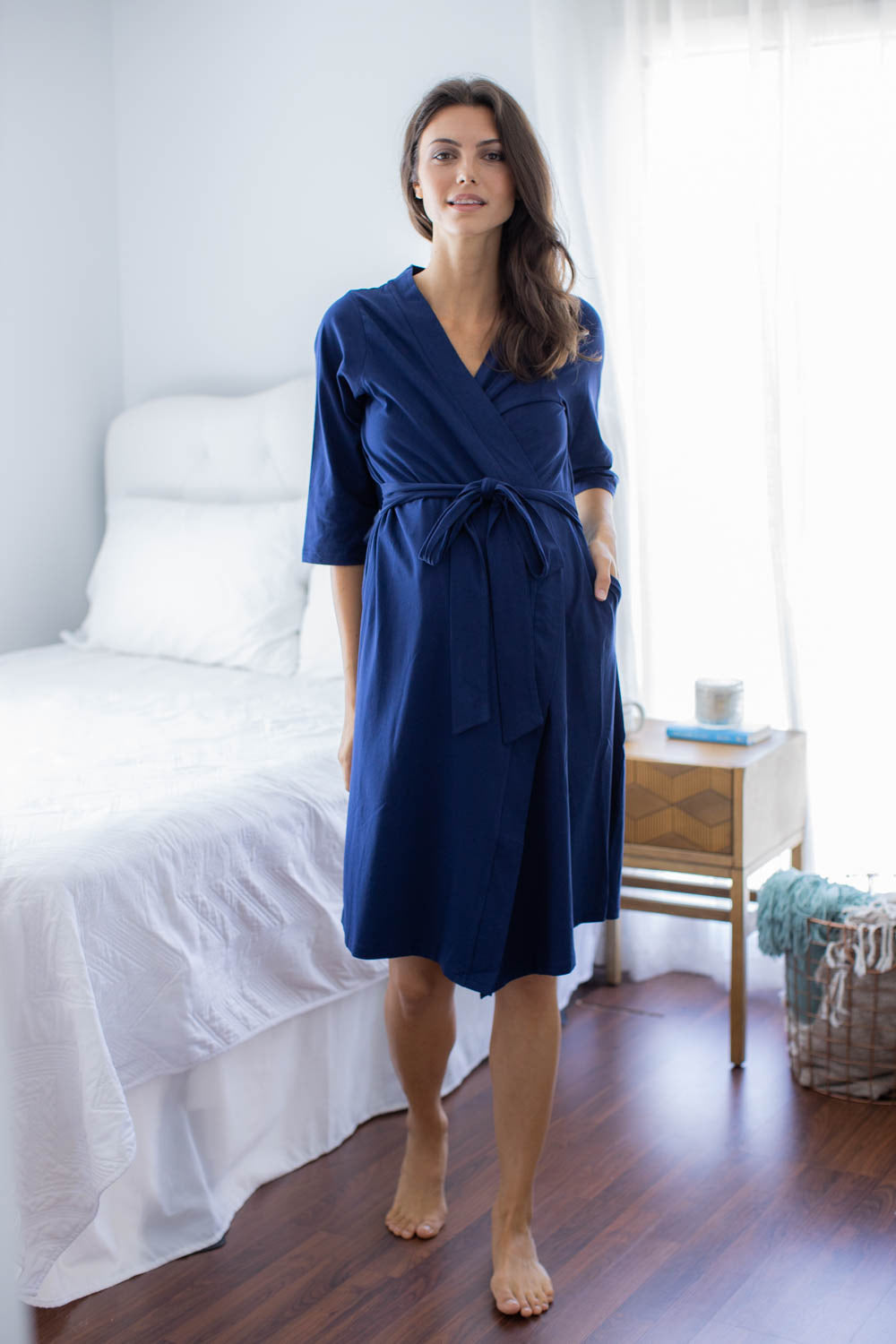 Navy Pregnancy/Postpartum Robe & Blue Gingham Swaddle Blanket Set