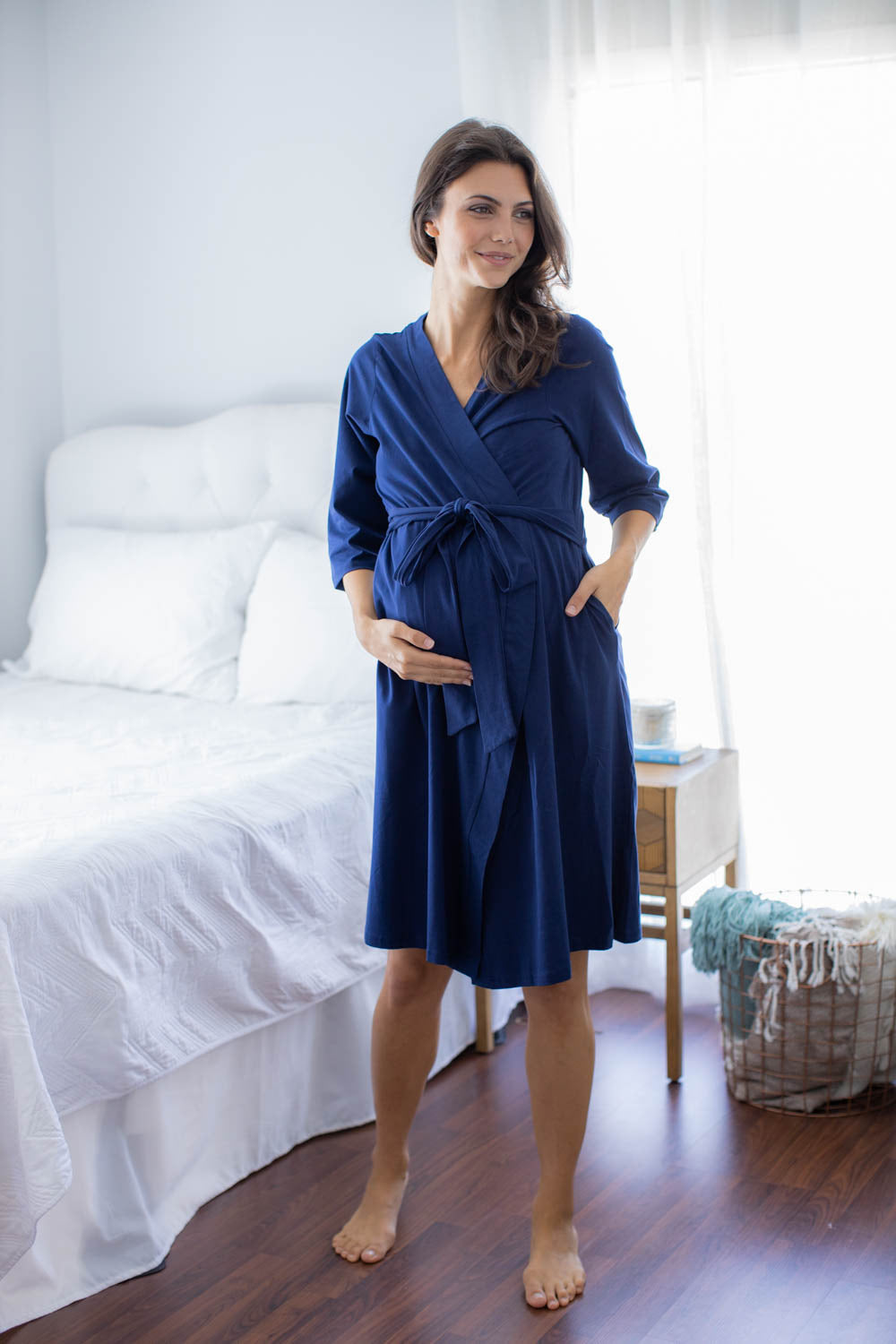 Navy Blue Solid Pregnancy/Postpartum Robe