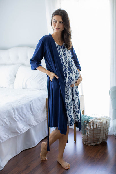 Serra 3 in 1 Labor Gown & Solid Navy Blue Pregnancy/Postpartum Robe
