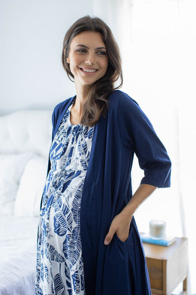 Serra 3 in 1 Labor Gown & Solid Navy Blue Pregnancy/Postpartum Robe