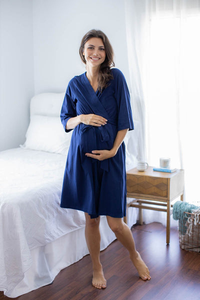 Navy Pregnancy/Postpartum Robe & Rainbow Baby Swaddle Blanket Set