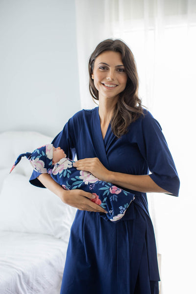 Navy Pregnancy/Postpartum Robe & Annabelle Swaddle Blanket Set