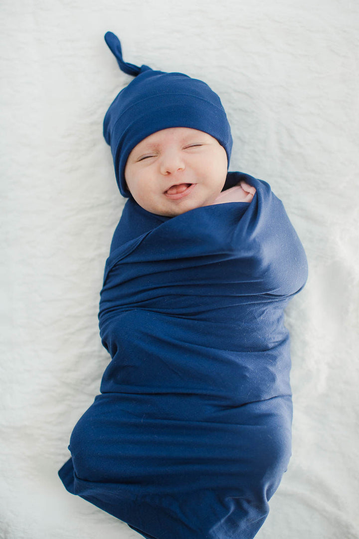 Navy Swaddle Blanket Newborn Hat Set Gownies