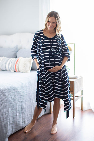 Navy Stripe Pregnancy/Postpartum Robe & Labor Gown Set