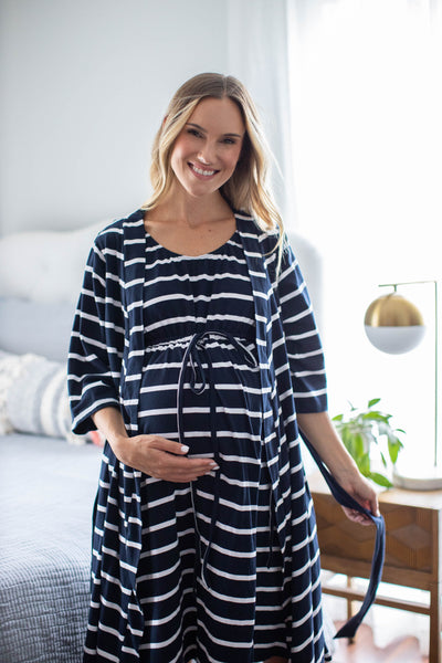 Navy Stripe Pregnancy/Postpartum Robe & Labor Gown Set