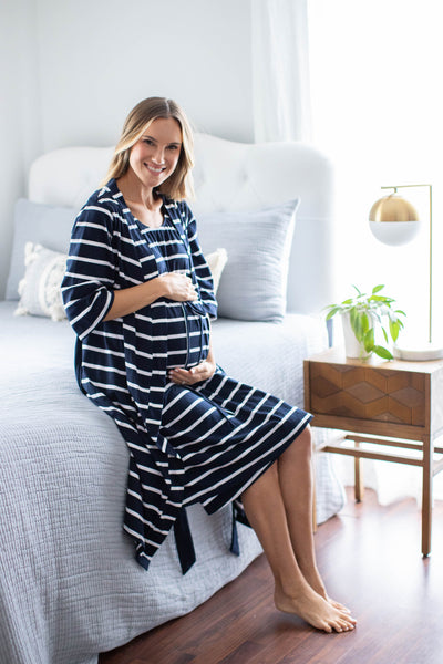 Navy Stripe Pregnancy/Postpartum Robe & Labor Gown Set