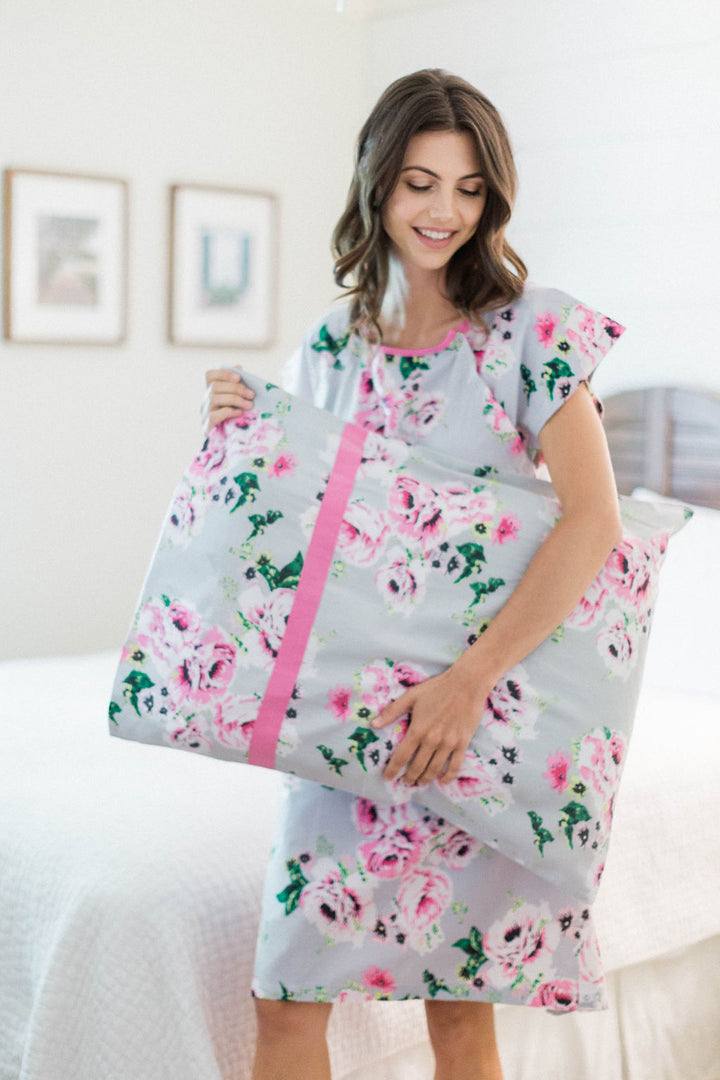Olivia Hospital Patient Gownie Pillowcase Set Grey Floral Gownies