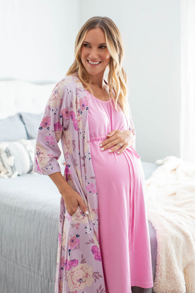 Pink 3 in 1 Maternity Labor Gown & Matching Anais Pregnancy/Postpartum Robe