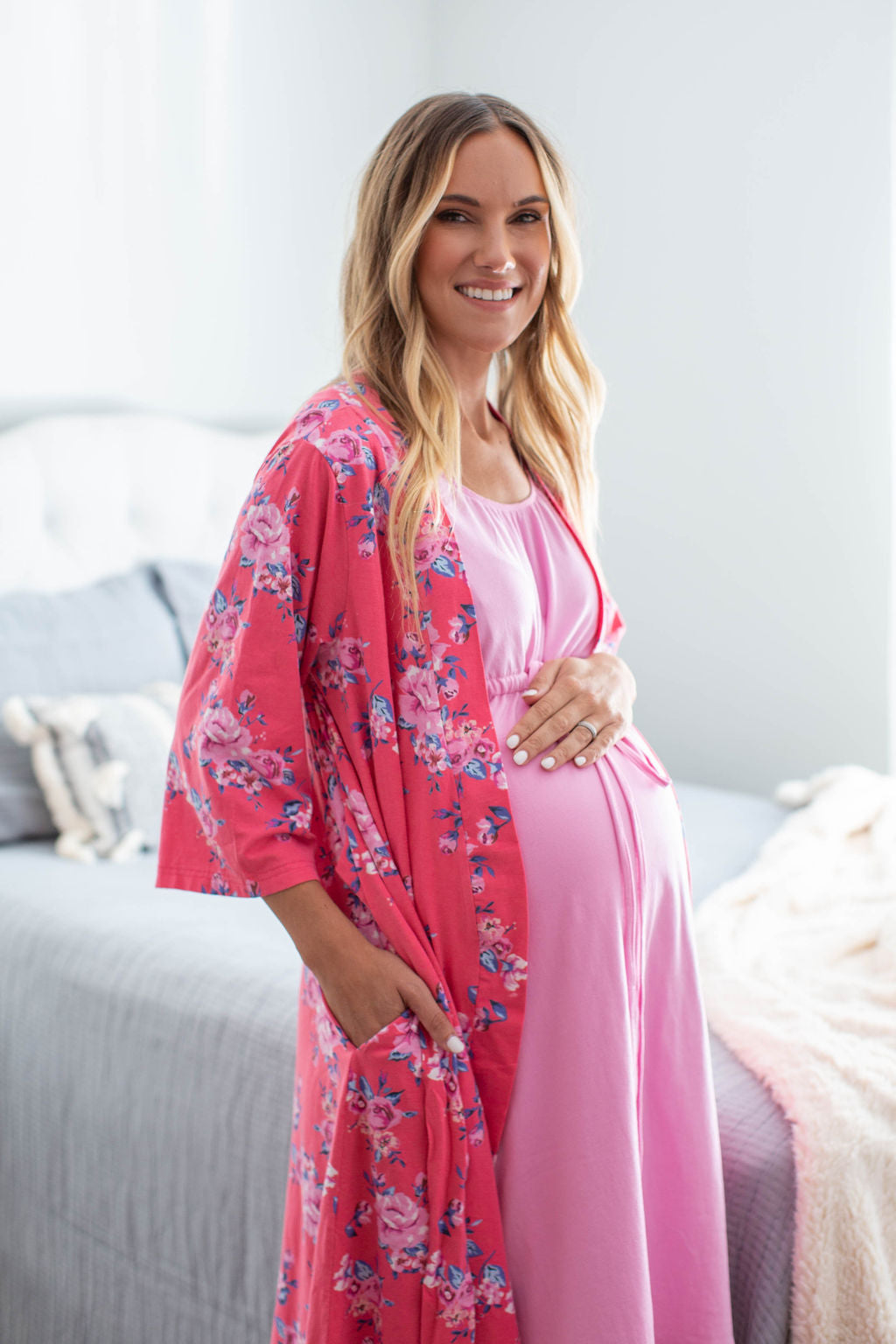 Pink 3 in 1 Maternity Labor Gown & Matching Rose Pregnancy/Postpartum Robe