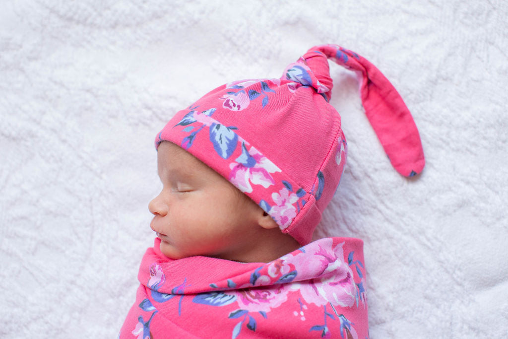 Rose Baby Girl Swaddle Blanket and Newborn Hat Set