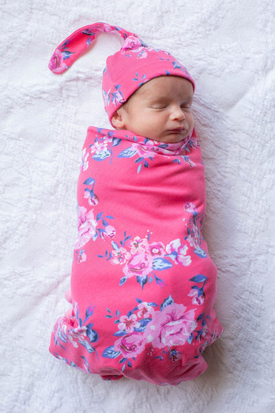 Rose Baby Girl Swaddle Blanket and Newborn Hat Set