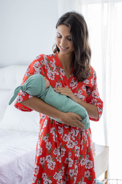 Sadie Pregnancy/Postpartum Robe & Sage Green Swaddle Blanket Set