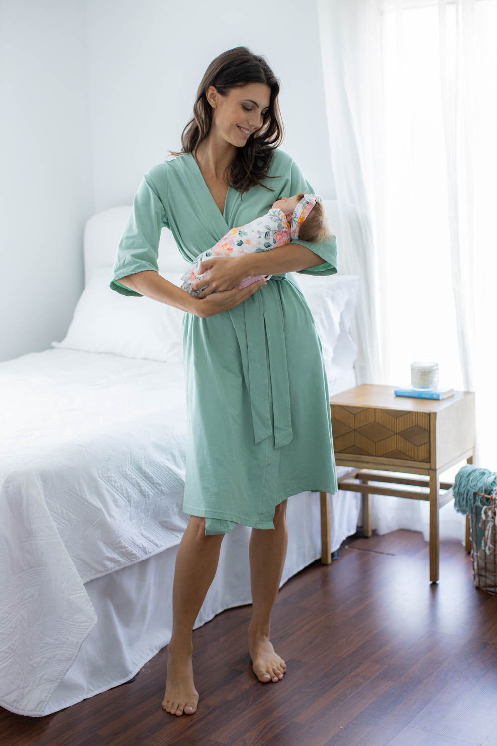 Sage Green Pregnancy Robe & Mila Swaddle Blanket & Headband Set