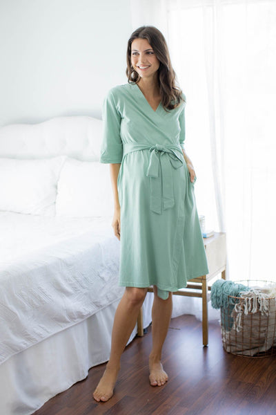 Sage Pregnancy/Postpartum Robe & Rainbow Swaddle Blanket Set