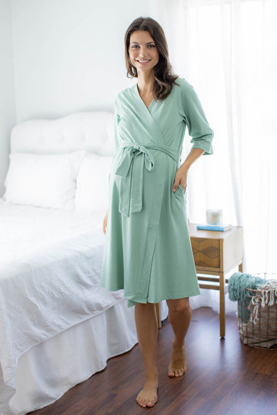 Sage Green Pregnancy/Postpartum Robe & Rainbow Baby Knotted Gown Set