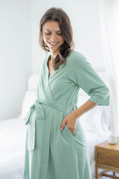 Sage Green Pregnancy/Postpartum Robe & Rainbow Baby Knotted Gown Set