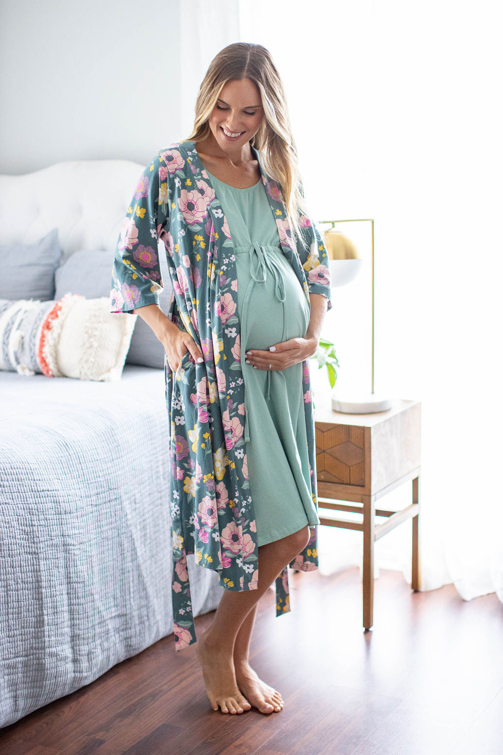 Sage Green Mom Hospital Robe & Floral Maternity Labor Hospital