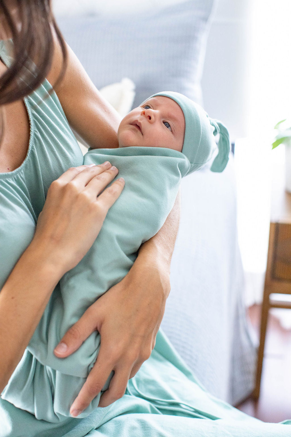 Mila Pregnancy/Postpartum Robe & Sage Green Swaddle Blanket Set