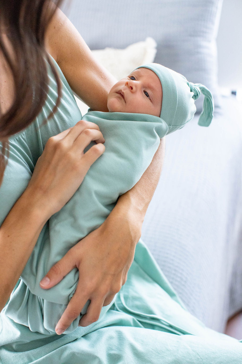 Charlotte Pregnancy/Postpartum Robe & Solid Sage Green Swaddle Blanket Set