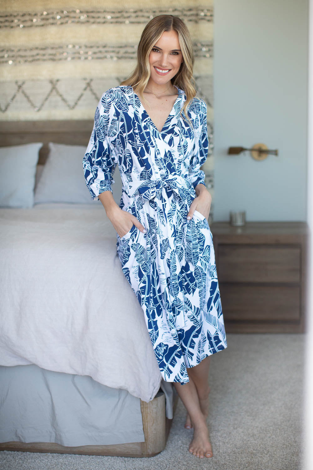 Serra Pregnancy/Postpartum Robe & Navy Swaddle Blanket & Hat Set
