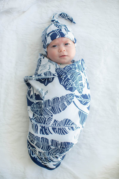 Serra Navy Blue / White Swaddle Blanket & Newborn Hat Set