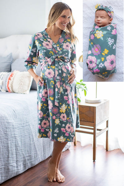 Charlotte Pregnancy/Postpartum Robe & Swaddle Blanket  & Headband Set