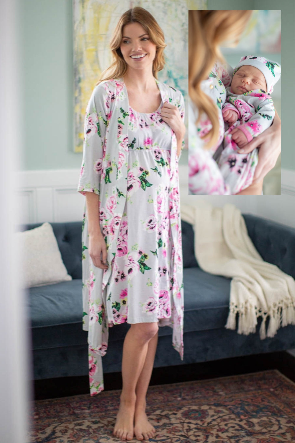 Olivia Sleeveless Nursing Nightgown & Robe & Baby Receiving Gown Set