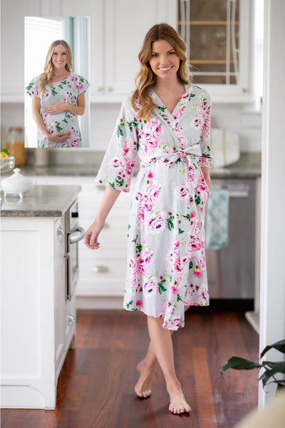Olivia Floral Pregnancy/Postpartum Hospital Gown Gownie & Delivery Robe Set