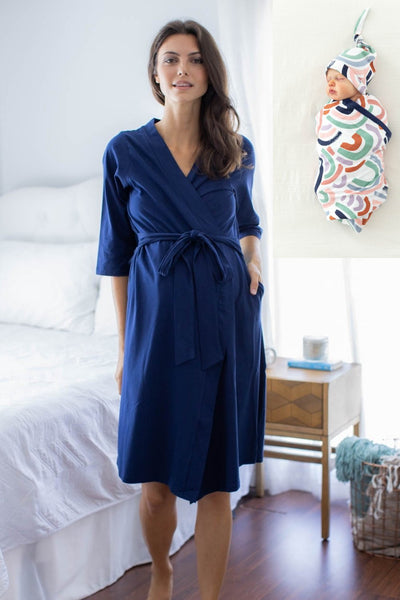 Navy Pregnancy/Postpartum Robe & Rainbow Baby Swaddle Blanket Set