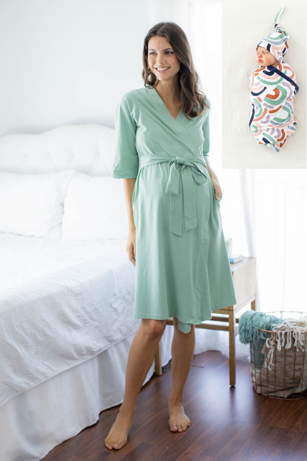 Sage Pregnancy/Postpartum Robe & Rainbow Swaddle Blanket Set