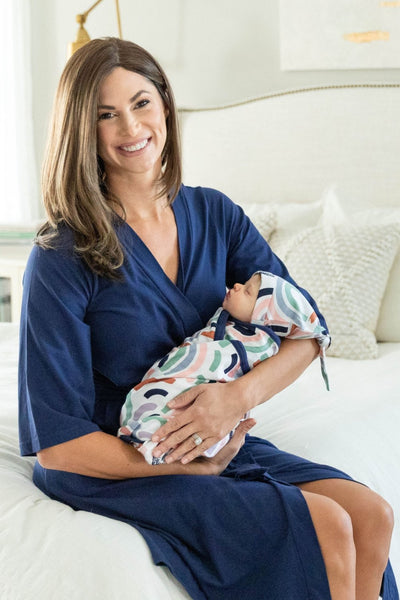 Navy Pregnancy/Postpartum Robe & Rainbow Baby Swaddle Blanket Set